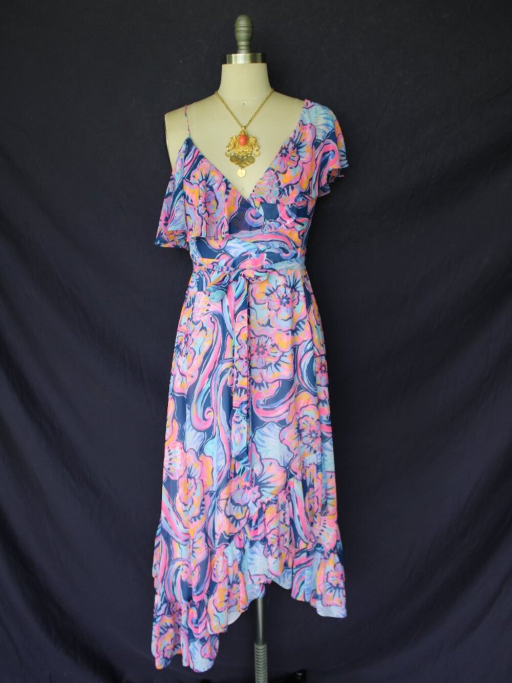 Lilly Pulitzer Marianna Wrap midi Dress Nauti Navy Boho Bateau Floral ruffle S - Picture 4 of 12